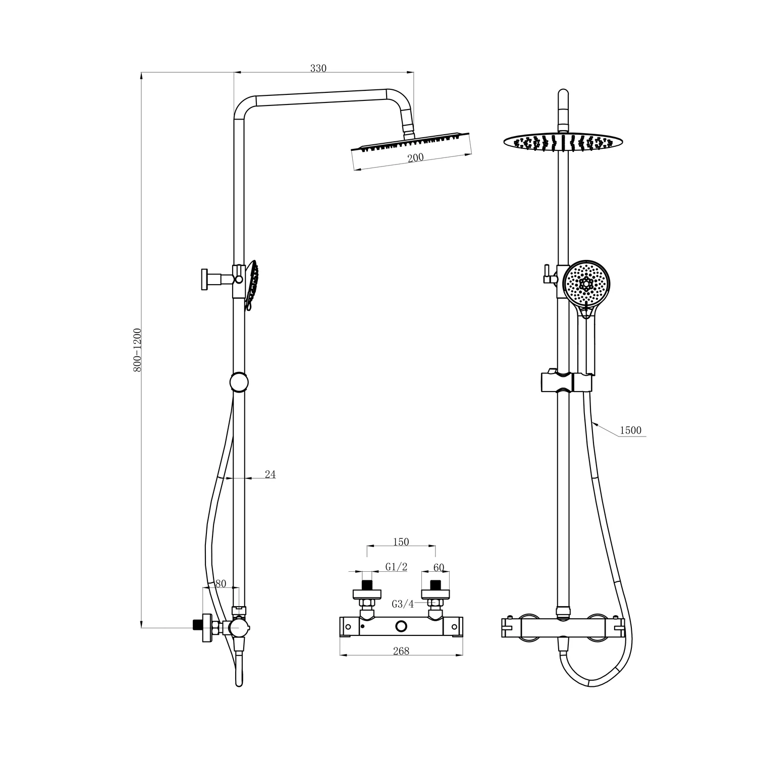 Supreme Thermostatic Bar Valve & Riser Kit with Twin Round Shower Head - Image 3