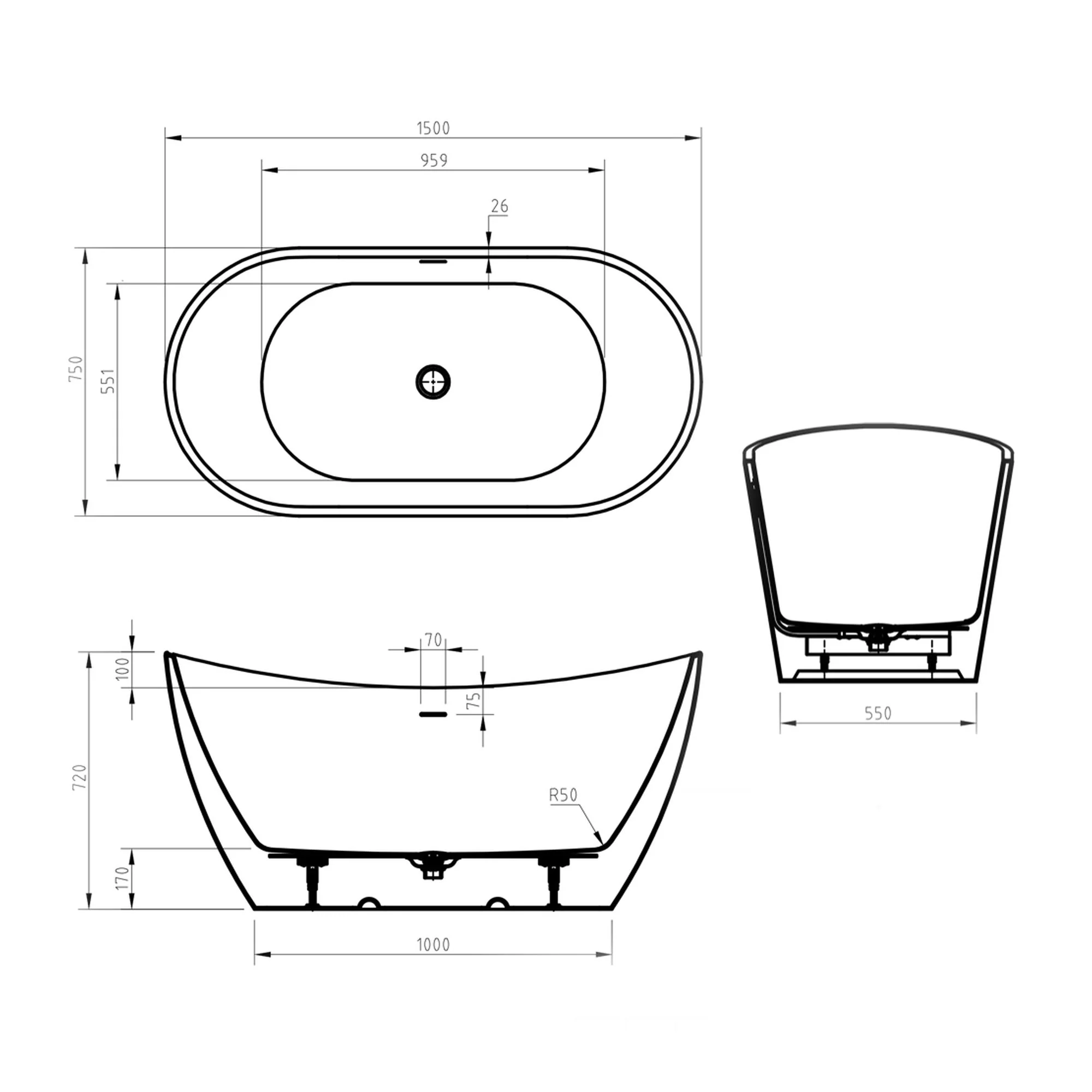 Synergy Bolsena Modern Double Ended Freestanding Bath 1500mm - White - Image 3