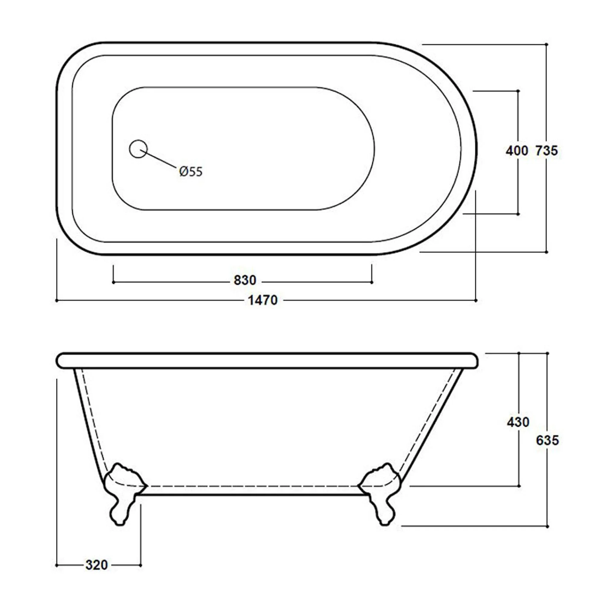 Synergy Cambridge Traditional Single Ended Bath 1470mm - White - Image 3