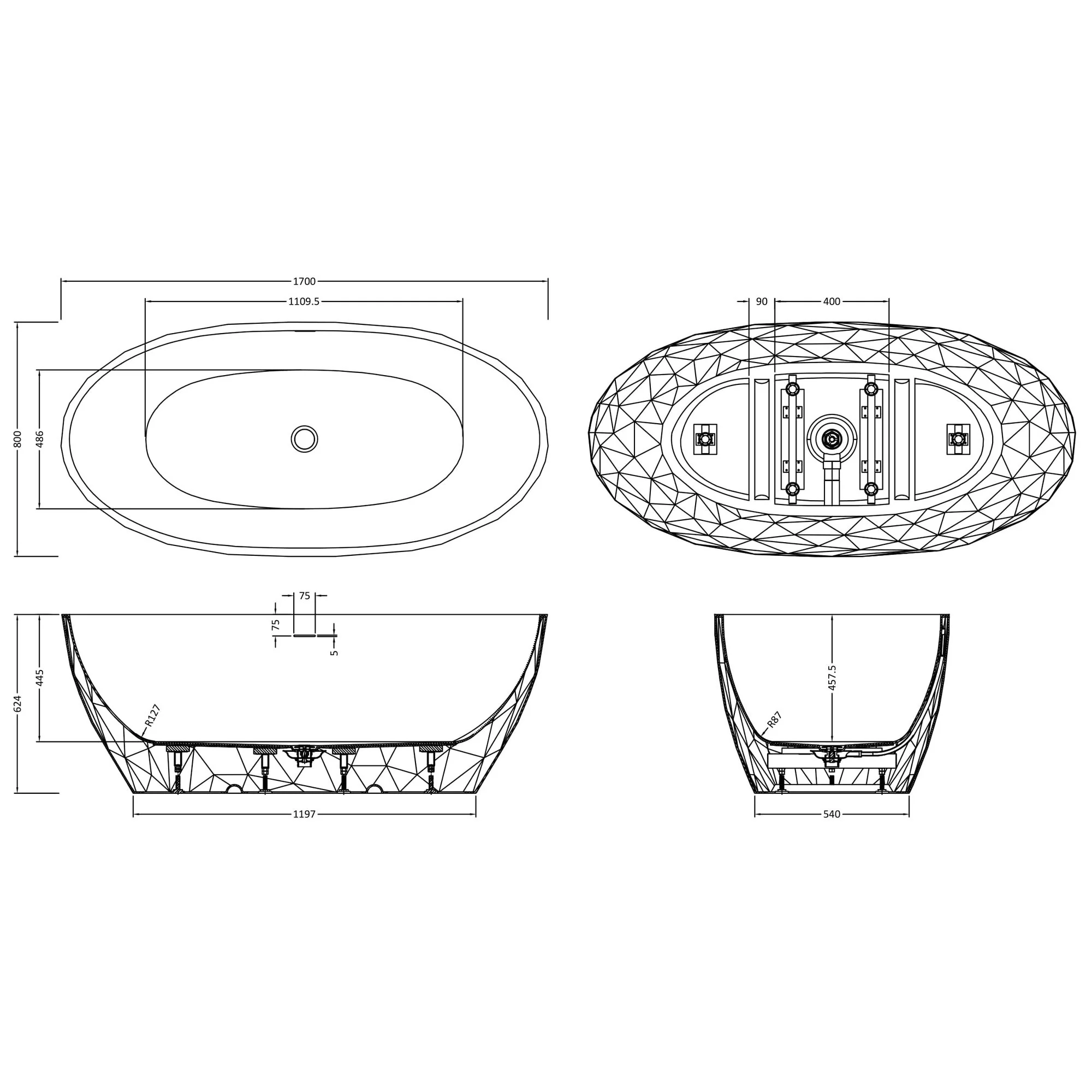 Synergy Cincelado Crystal Freestanding Bath 1700mm - Gloss White - Image 4