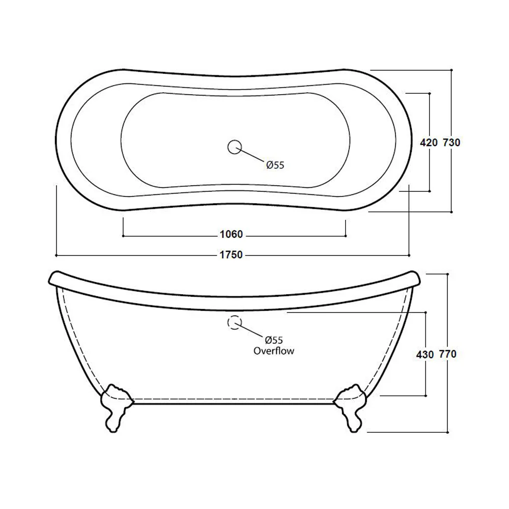 Synergy Marlow  Traditional Double Ended Slipper Bath 1750mm- White - Image 3