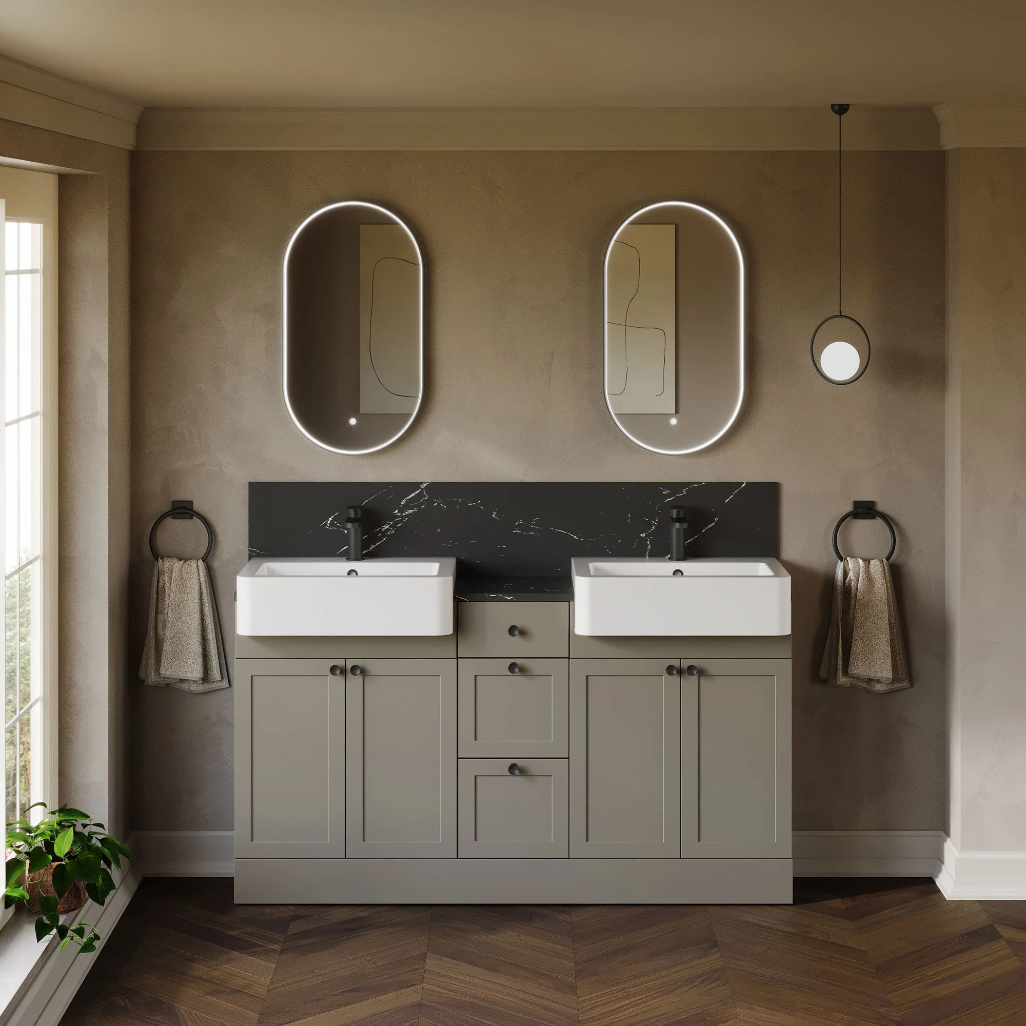 Thaxton 1500mm 4-Door 3-Drawer Double Basin Vanity Unit - Pebble Grey
