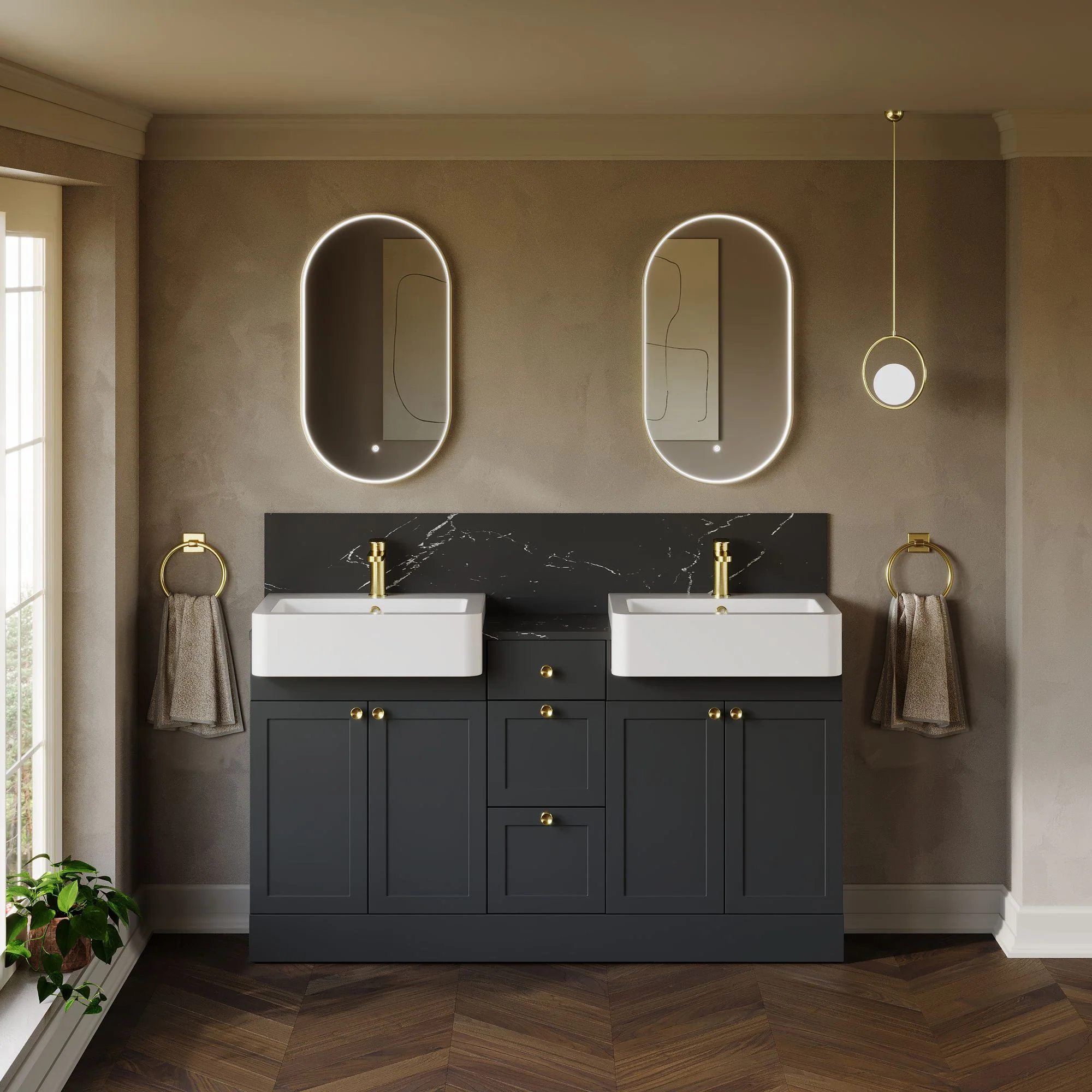 Thaxton 1500mm 4-Door 3-Drawer Double Basin Vanity Unit - Soft Black - Image 3