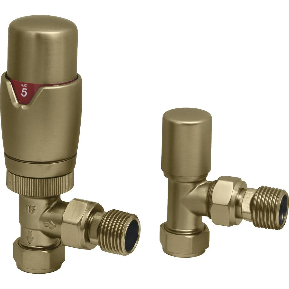 Brushed Brass Thermostatic Radiator Round Valves with 130mm Pipe Sleeves - Angled - Image 3
