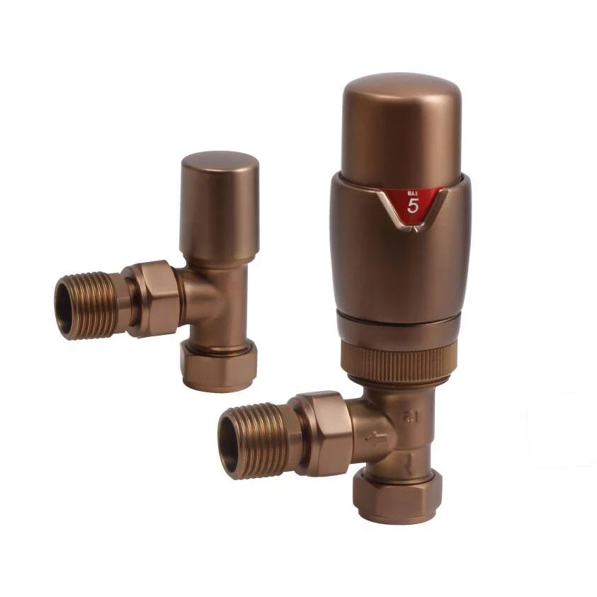 Thermostatic Radiator Valve & Lockshield Sets (Pair) | Angled - Brushed Bronze
