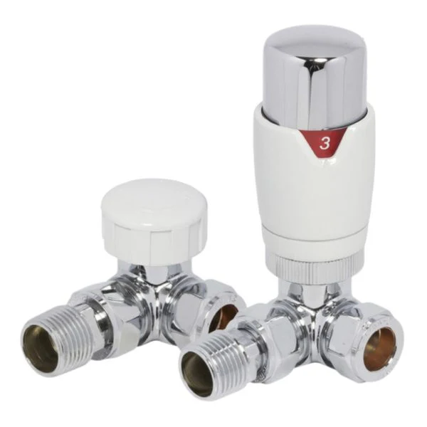 Thermostatic Radiator Valve & Lockshield Sets (Pair) | Corner - White/Chrome