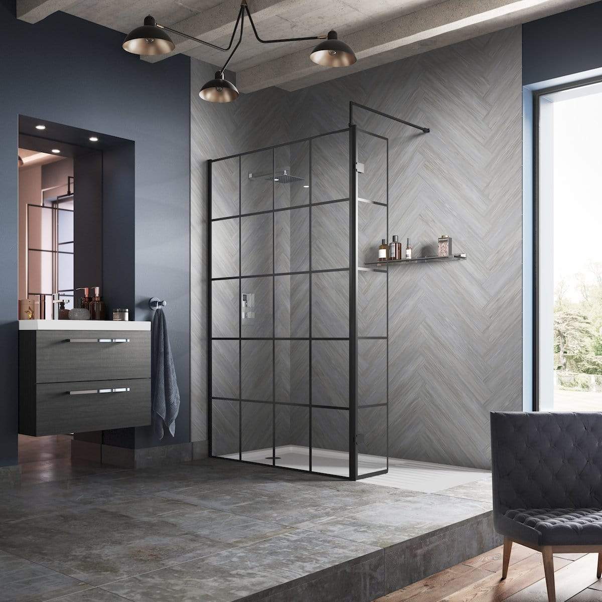 Trieste 1950 x 1000mm Matt Black Grid Wetroom Screen with Support Bar - 8mm Glass - Image 3