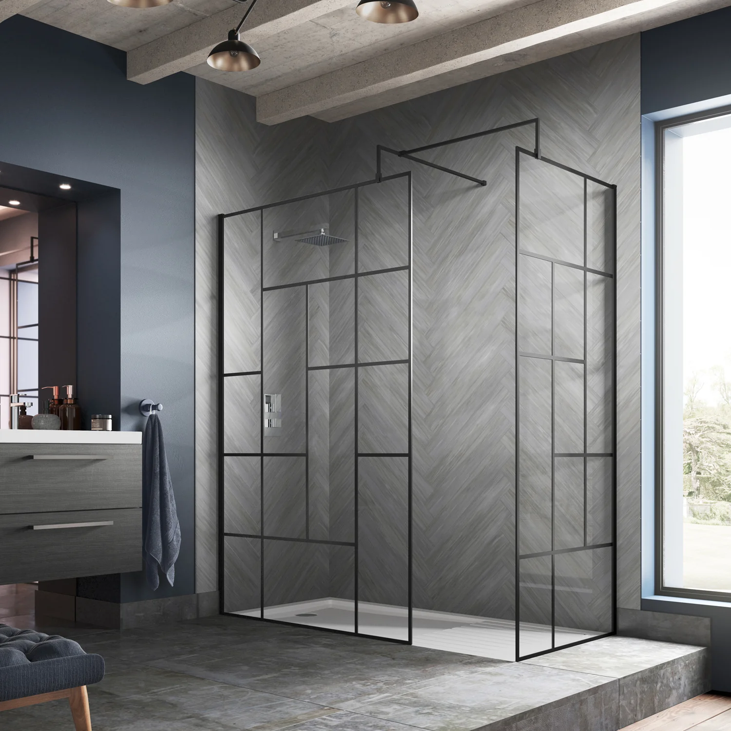 Trieste 1950 x 800mm Matt Black Abstract Frame Wetroom Screen with Support Bar - 8mm Glass - Image 3