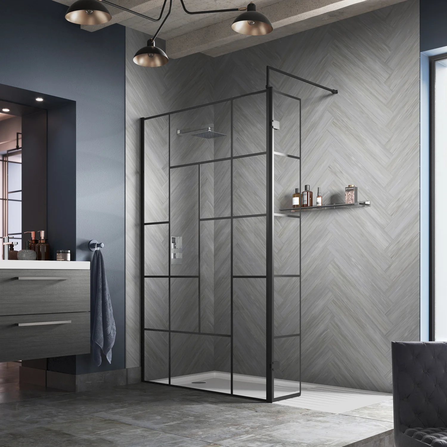 Trieste 1950 x 900mm Matt Black Abstract Frame Wetroom Screen with Support Bar - 8mm Glass - Image 3