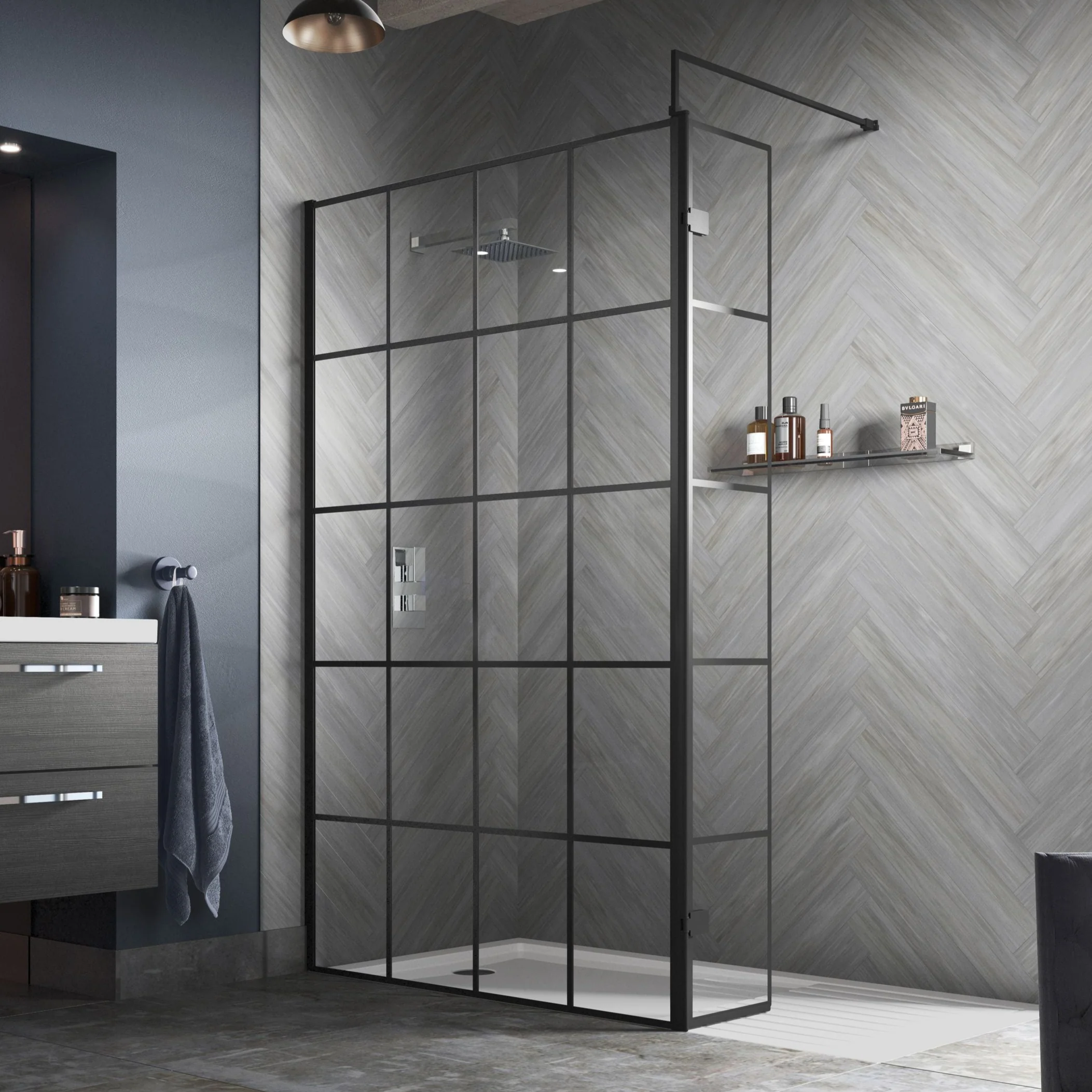 Trieste 8mm Black Grid Screen & 1700 x 700mm Stone Shower Tray - Image 7