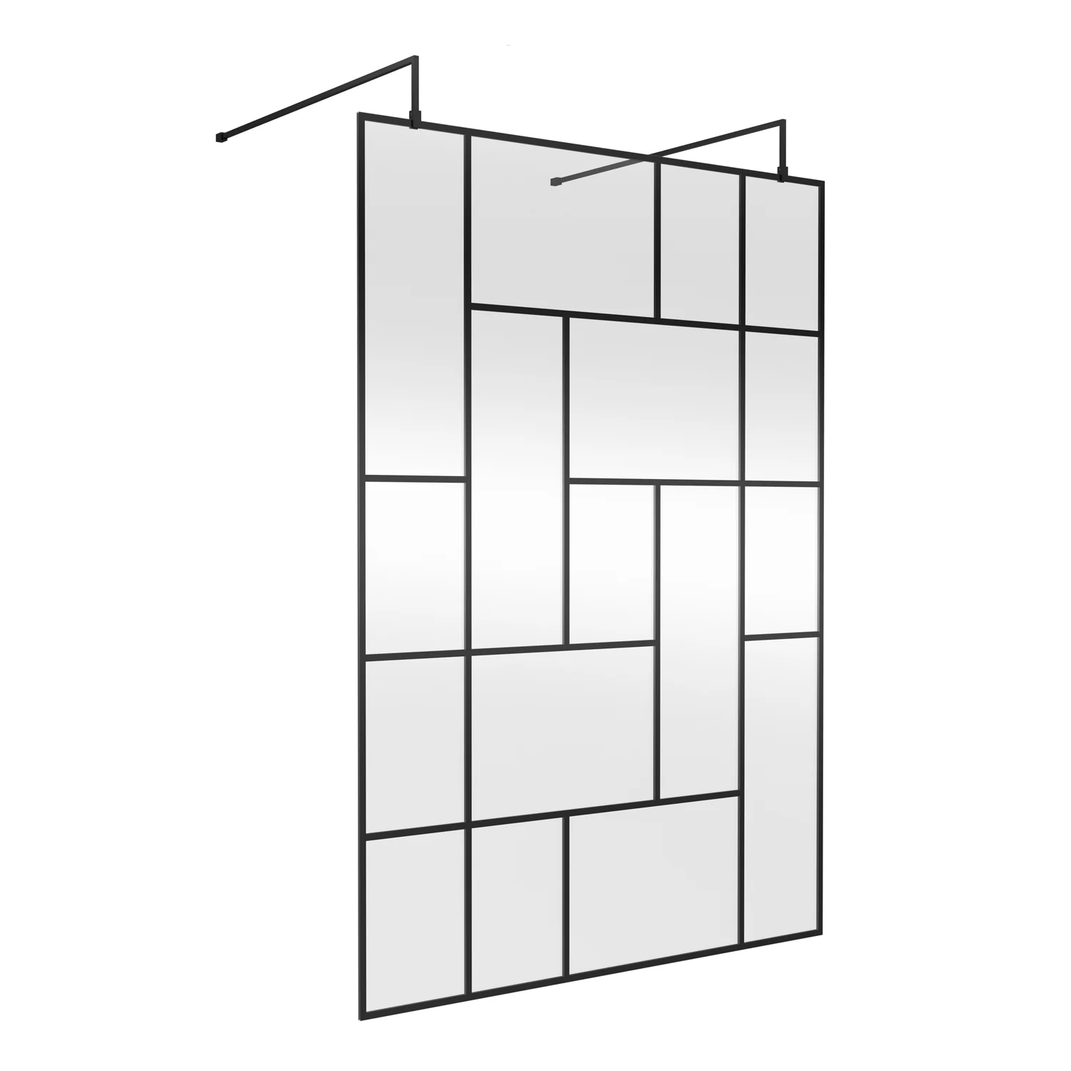 Trieste Freestanding Matt Black Abstract 1400mm Wet Room Screen with Support Bars & Feet - 8mm Glass