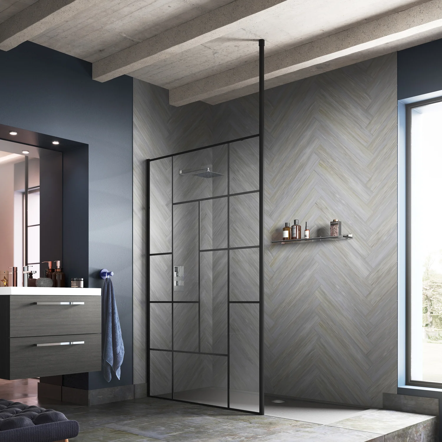 Trieste Freestanding Matt Black Abstract 760mm Wet Room Screen with Ceiling Posts - 8mm Glass - Image 2