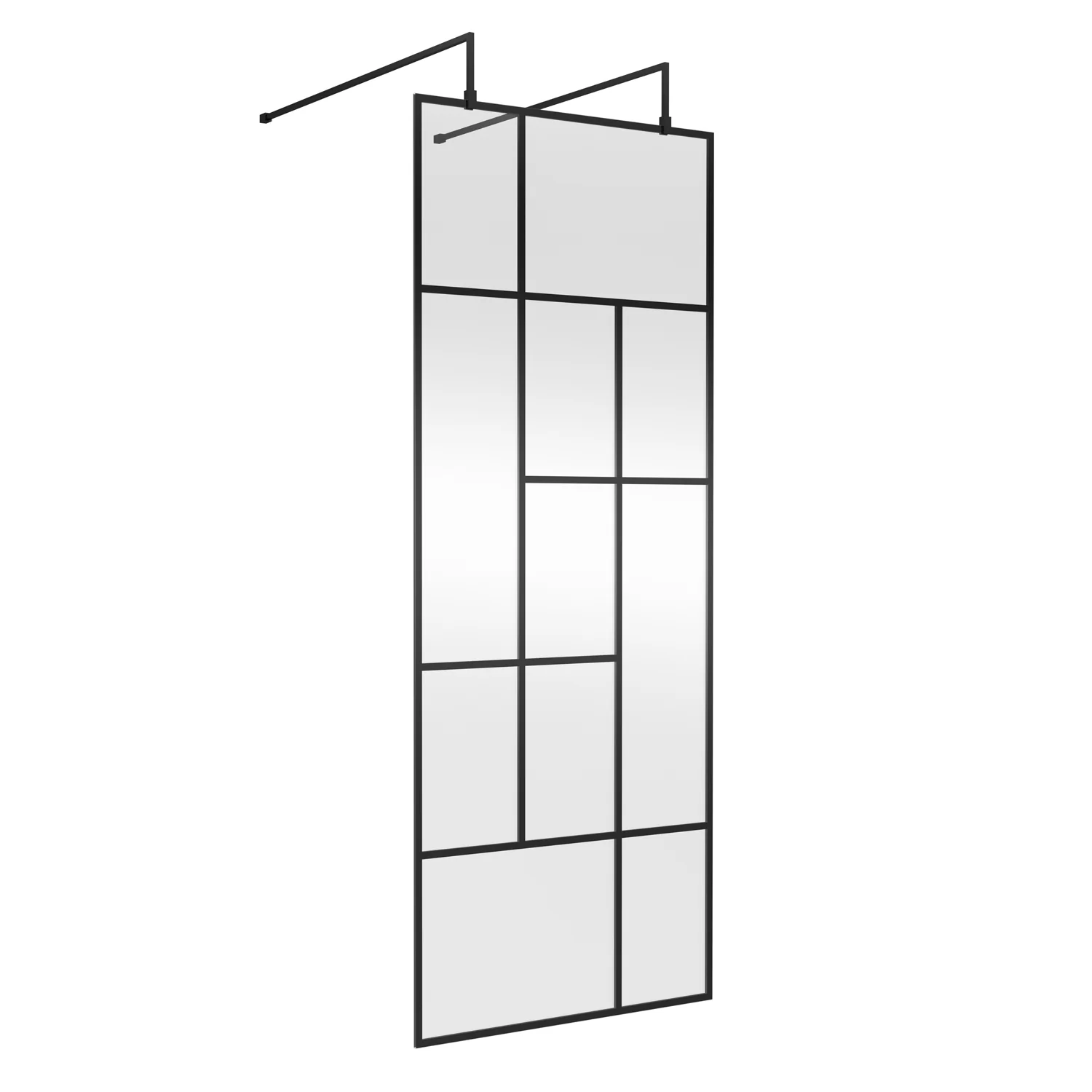 Trieste Freestanding Matt Black Abstract 800mm Wet Room Screen with Support Bars & Feet - 8mm Glass