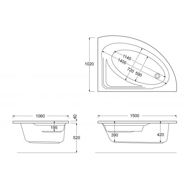 Trojan Orlando Offset Corner Bath 1500mm x 1020mm Right Handed - No Tap Hole - Image 3