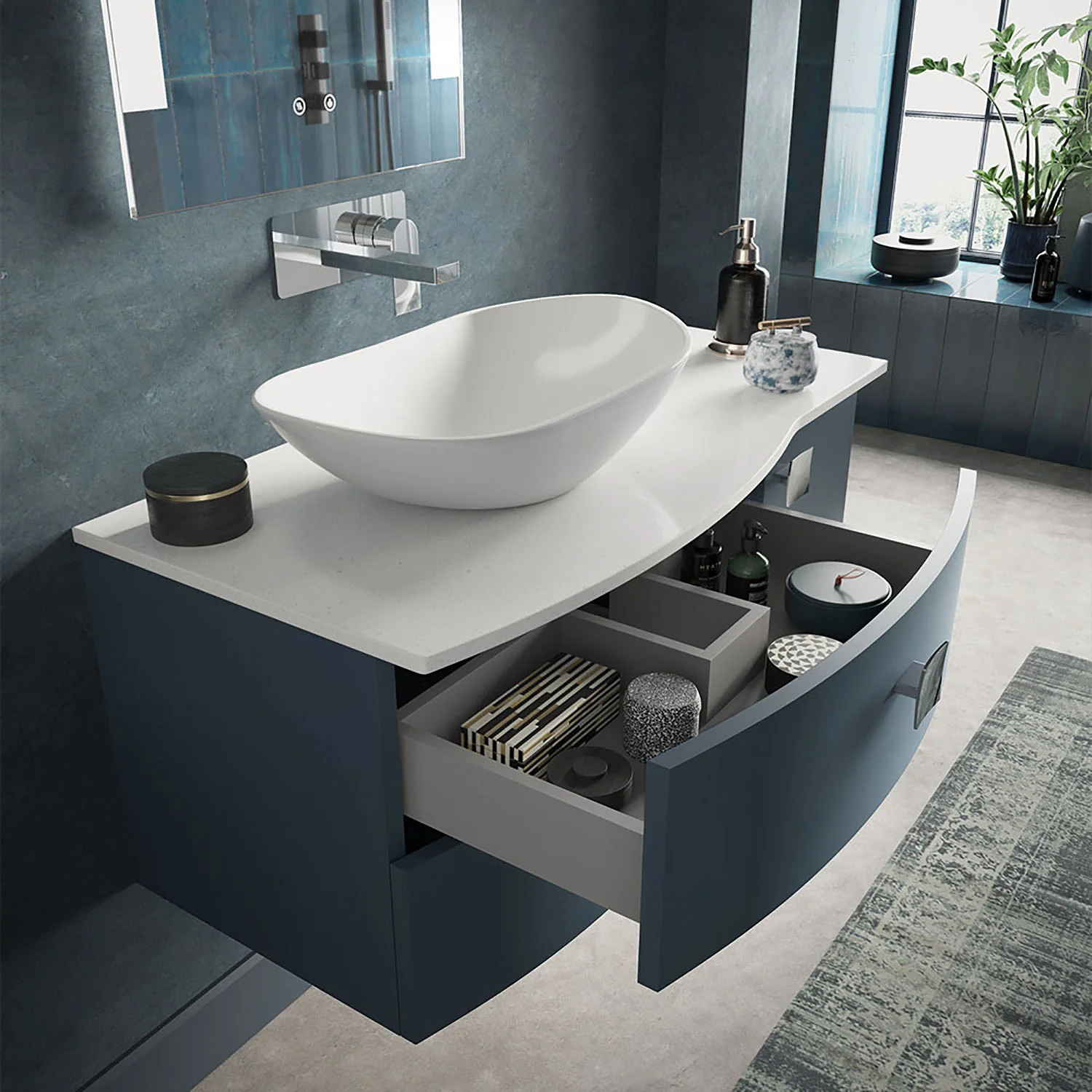 Sarenna Wall Hung 1000mm Countertop Vanity Unit with Grey Marble Top - Mineral Blue - Image 2