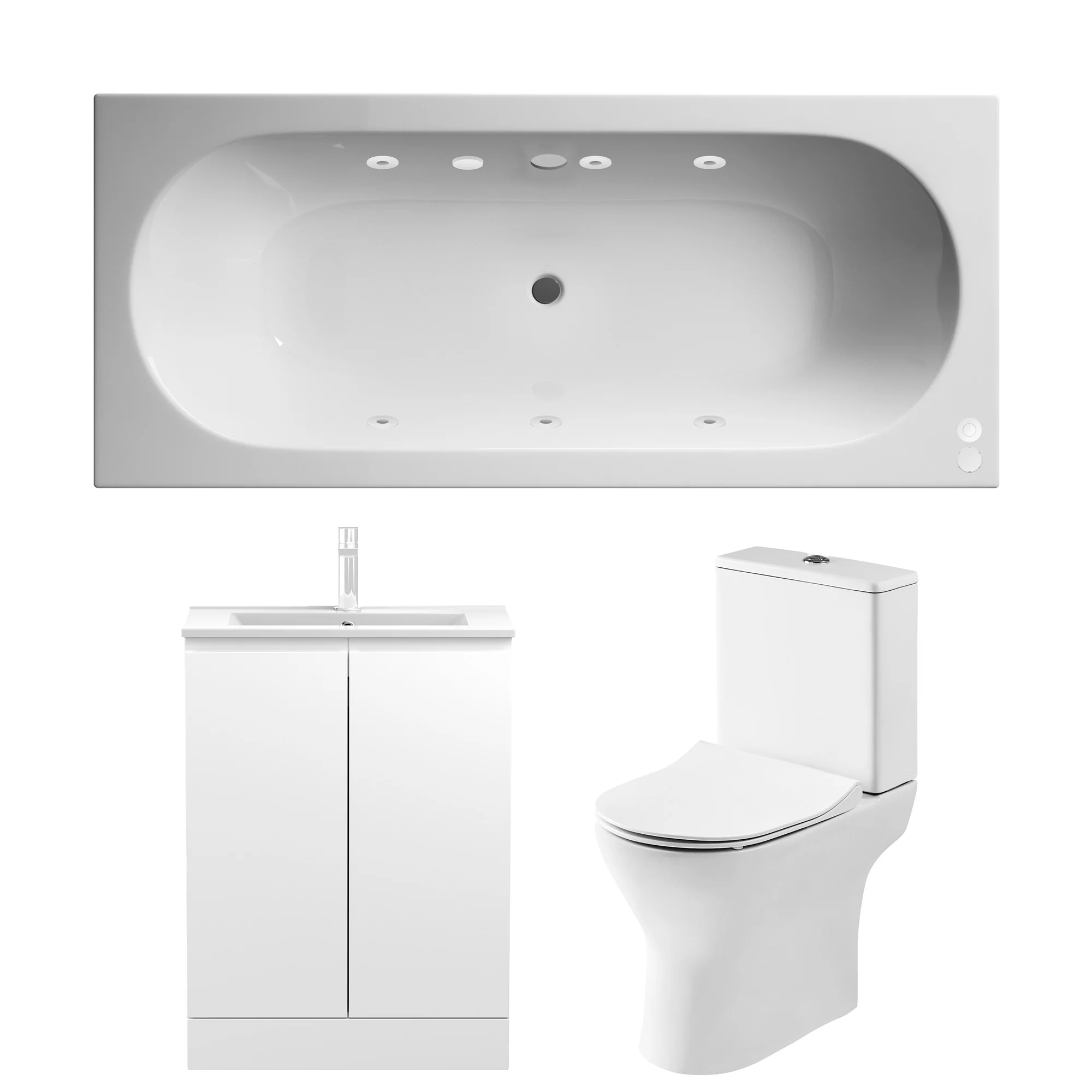 Whirlpool Double Ended Bathroom Suite - 1700 x 700 Bath with 6 White Jet Systems & 600mm Vanity Unit